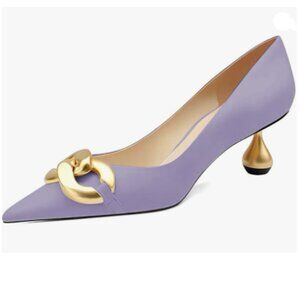 XYD Plum Low Heel Pointed Toe Pumps with Metal Chain Solid Golden Heeled Shoes